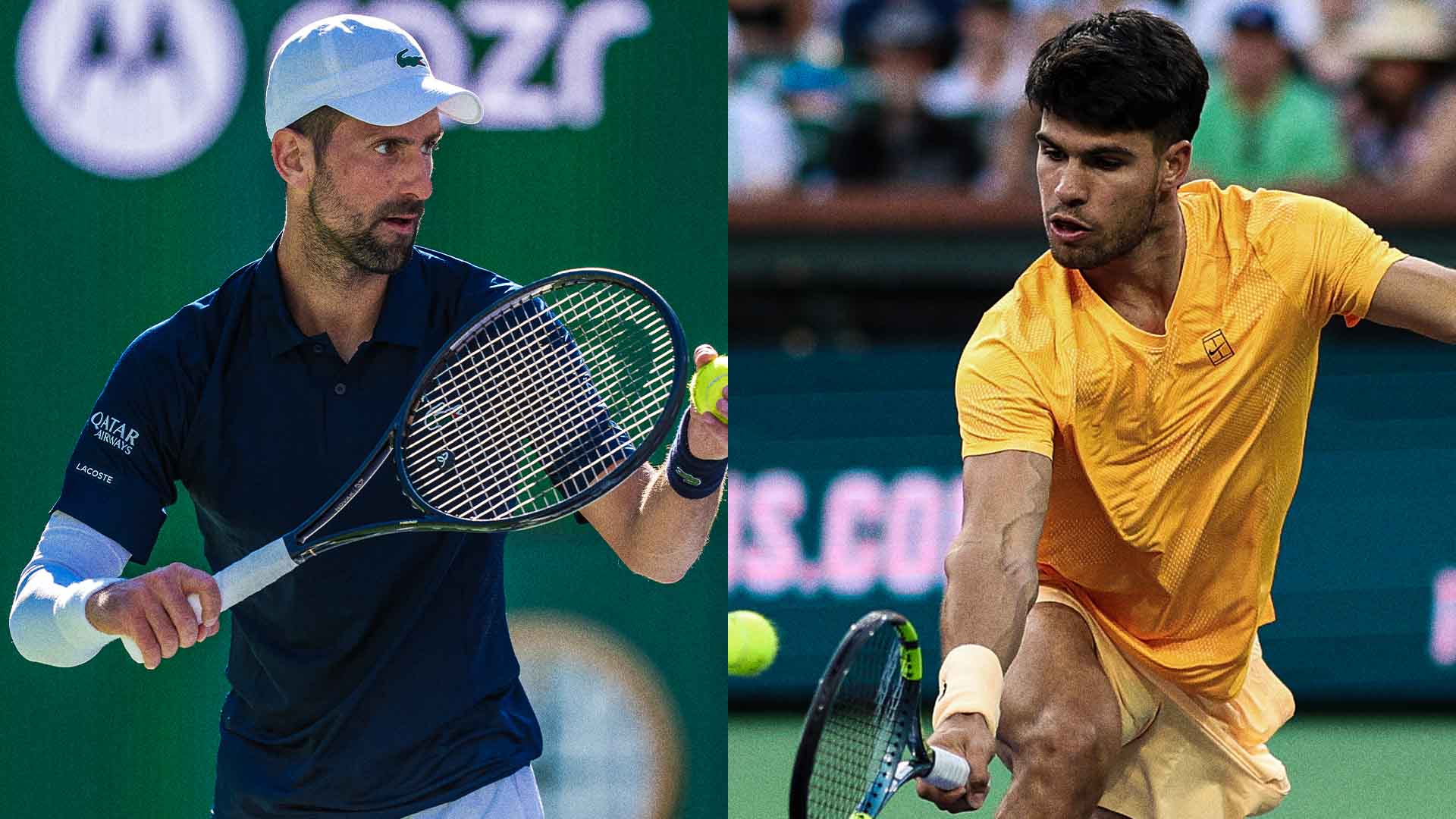 Novak Djokovic and Carlos Alcaraz in action at the BNP Paribas Open on Saturday.