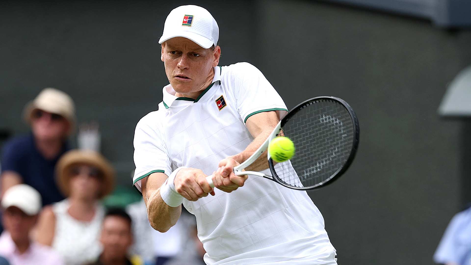Jannik Sinner in action on Monday at Wimbledon.