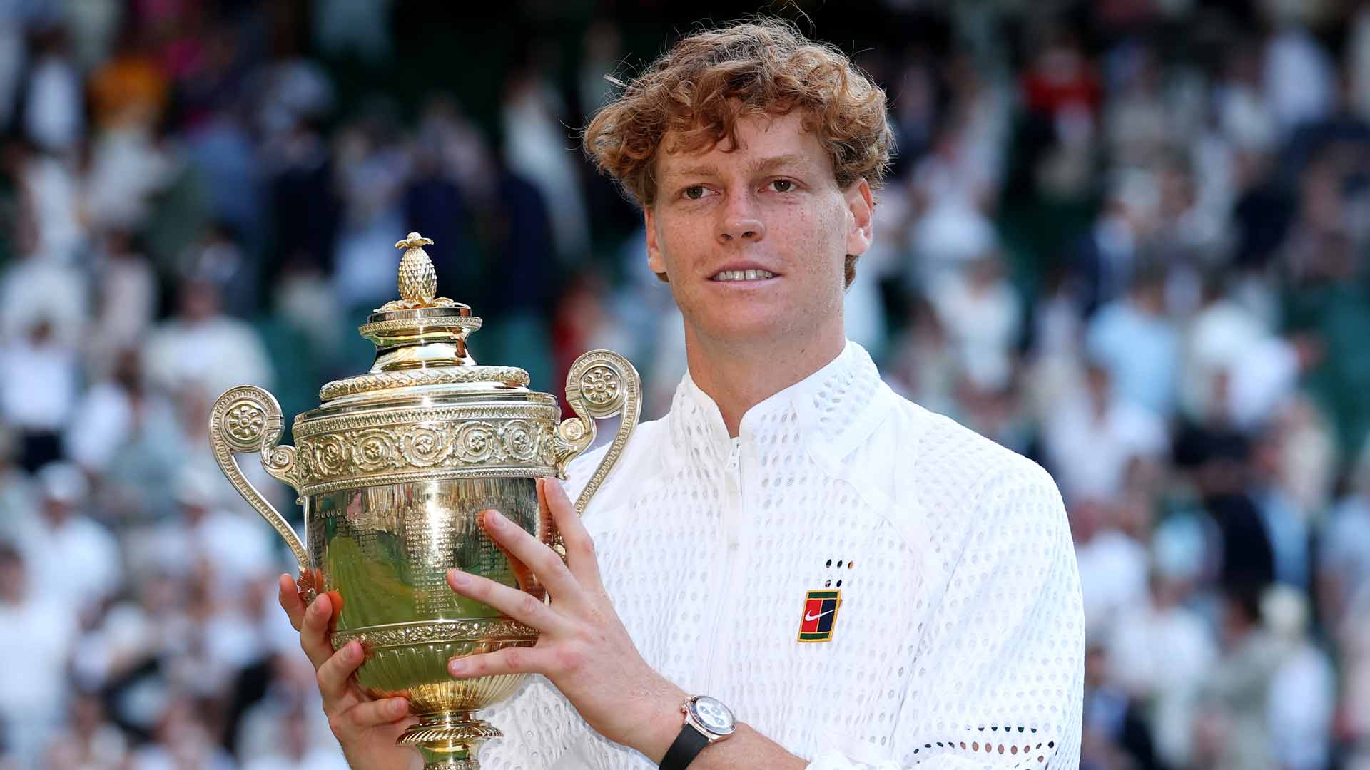 Jannik Sinner lifts his second Wimbledon trophy after defeating Alexander Zverev in four sets on Sunday.