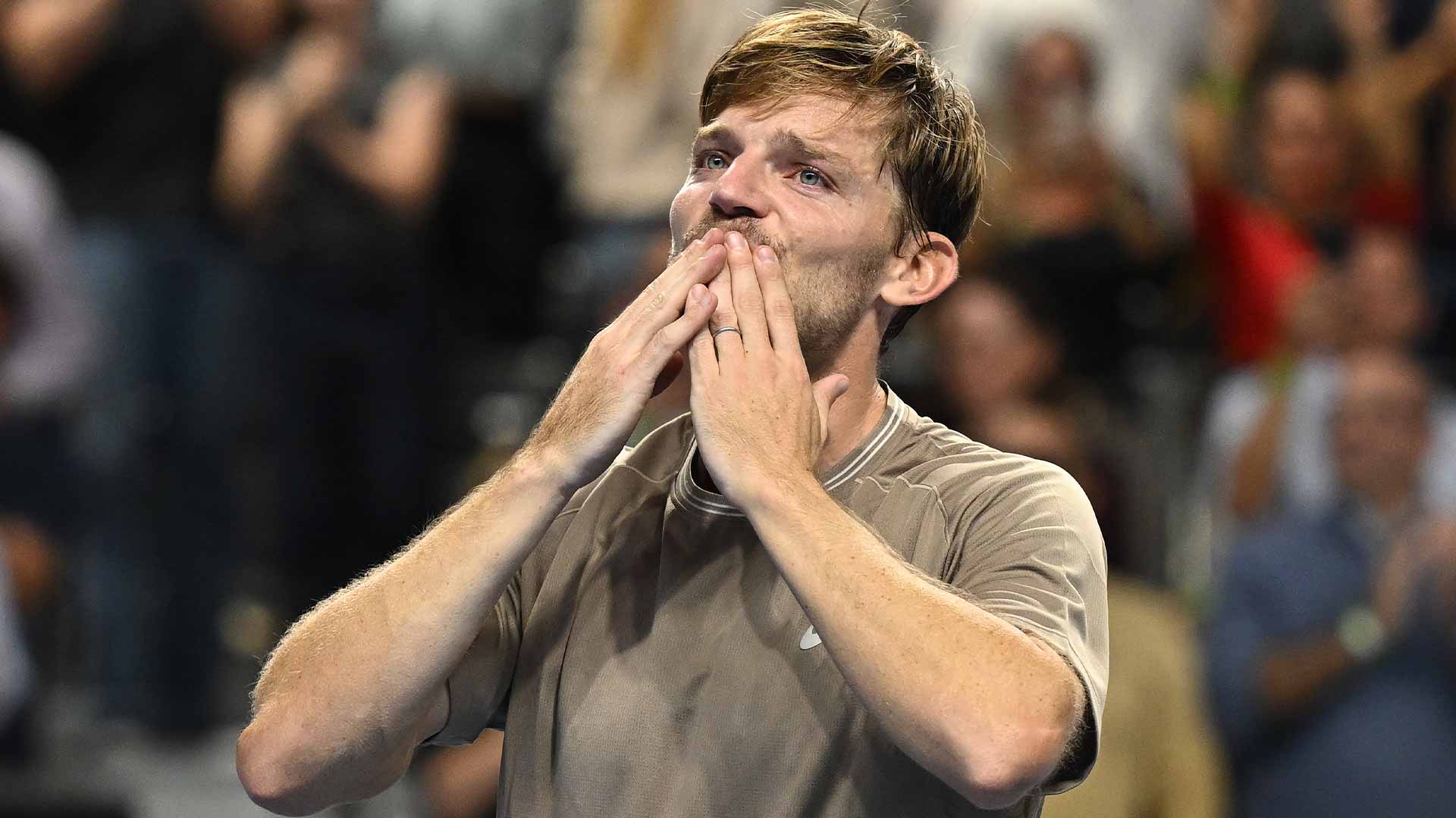 David Goffin greets the crowd following his first-round victory in Brussels on Wednesday.